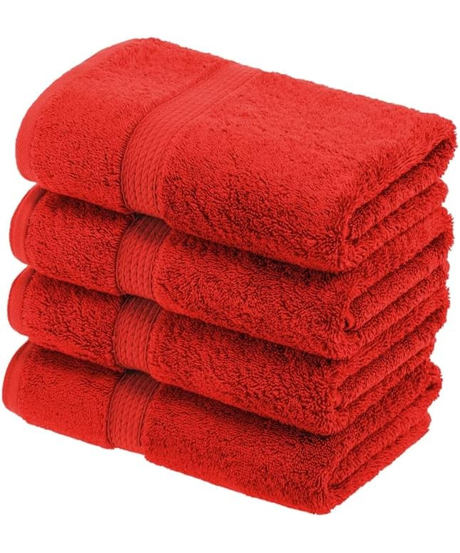 Superior Egyptian Cotton Pile Hand Towel Set of 4, Ultra Soft Luxury Towels, Thick Plush Essentials, Absorbent Heavyweight, Guest Bath, Hotel, Spa, Home Bathroom, Shower Basics, Red