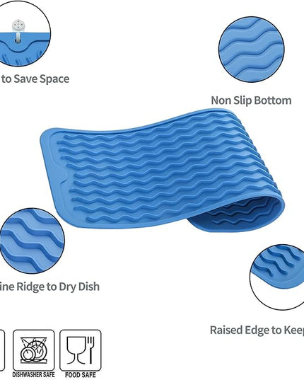 Silicone Dish Drying Mat for Multiple Usage,Easy clean,Eco-friendly,Heat-resistant Silicone Mat for Kitchen Counter,Sink,Bar,Bottle,or Cup Lichen Blue M 17 inches x 6 inches