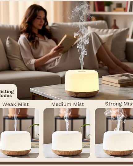 500ml Premium Essential Oil Diffuser,Quiet 4-in-1 Ultrasonic Aromatherapy Humidifier,7 Color LED Lights,with Adjustable Automatic Timer Off Function and Spray Mode. (Light Woodgrain, Basic Edition)