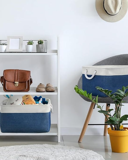TheWarmHome Organization and Storage Basket for Organizing - X Large 3 Pack 17.7L×13.8W×9.8H in Collapsible Storage Bin for Shelves, Basket for Gifts Empty Toys Organizer Gift (White & Jean Blus)