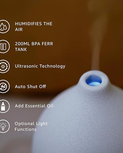 200ML Ceramic Essential Oil Diffuser - Ultrasonic Aromatherapy & Humidifier with 7-Color LED Lights, Auto Shut-Off, Wood Grain Base, 1H/3H/6H Timer | Scent for Home, Office, Yoga