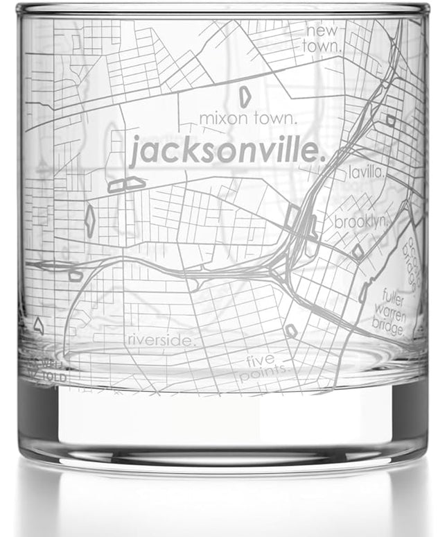 Well Told Engraved Jacksonville Florida Map Rocks Glass, Old Fashioned Glassware (11 oz, Clear) Etched Bourbon Tumbler, Gifts For Whiskey Lovers