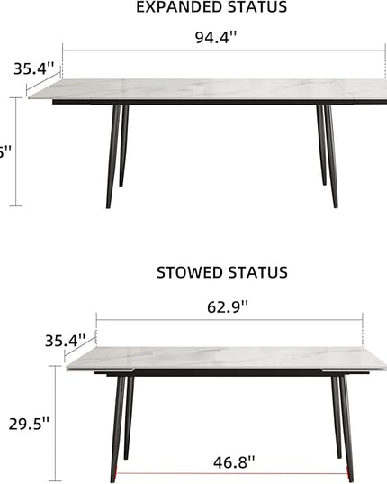 Extendable Dining Table (62.9" to 94.4") for 6 to 10 - Modern Rectangular Sintered Stone Table with High Hardness and Easy Maintenance - Stylish White