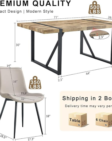 FURNITO 7 Piece Dining Table Set for 6, 71" Wood Kitchen Table Set with 6 PU Leather Chairs, Modern Rectangular Dining Room Table and Chairs Set for Home, Kitchen, or Living Room