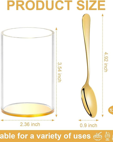 12 Pcs Gold Coffee Spoons with Holder 4.92 Inch Demitasse Espresso Spoons Mini Coffee Spoons Gold Tiny Dessert Spoons Small Tea Spoon Stainless Steel Acrylic Cylinder Holder for Party Coffee Bar Home