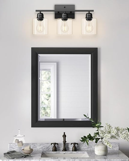 Modern 3 Light Bathroom Light Fixtures, 19 inch Black Vanity Lights For Bathroom With Clear Glass, Bathroom Lighting Fixtures Over Mirror For Mirror Kitchen Living Room Hallway Cabinet Porch