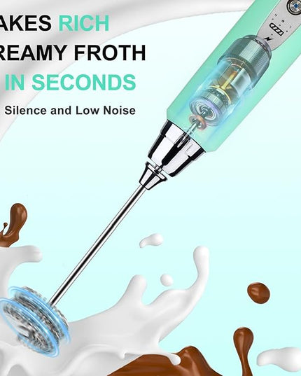 YUSWKO Baby Blue Handheld Milk Frother Wand for Coffee, Rechargeable Electric Whisk with 3 Heads 3 Speeds Drink Mixer Coffee Frother For Latte, Cappuccino, Hot Chocolate, Egg