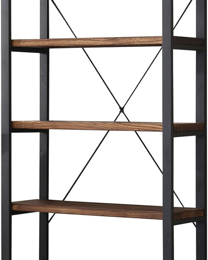 5 Tier Bookcase, Solid Wood Bookshelf Rustic Vintage Industrial Etagere Bookcase, Metal and Wood Free Vintage Bookshelf, Retro Brown (5-Tiers)