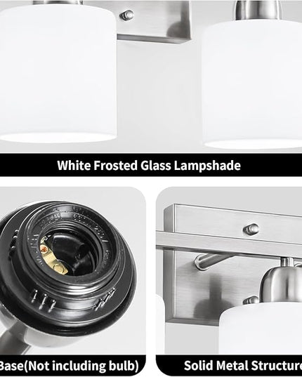 Brushed Nickel Bathroom Light, 2 Light Bathroom Vanity Light Brushed Nickel, Vanity Lamp with Milky White Frosted Glass Shades, E26 Socket