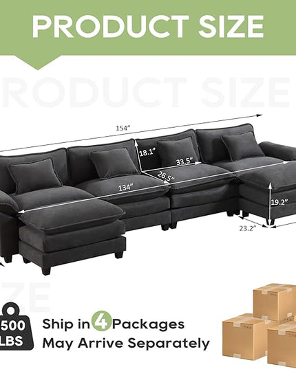154" Modular Sectional Sofa, Comfy Cloud Couch Sectional Sofa with Ottoman, Velvet Sofa Sleeper Deep Seat Sofa with Throw Pillows for Living Room (Blue Gray, 154"- U Shape)