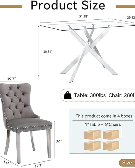 51" Glass Dining Table Set for 6, Modern Dining Room Table Set for 6, Silver X-Shape Pedestal Glass Table with 6pcs Gray Dining Chairs, 7 Piece Dining Set for Dining Living Room