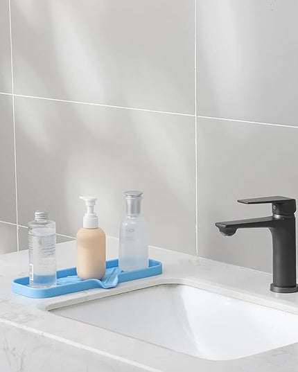 Silicone Bathroom Soap Dishes with Drain Spout-Bathroom and Kitchen Sink Organizer,Sponge Holder,Dish Soap Tray,Perfect for Dispenser,Scrubber,Bottle on Sink or Counter-Light Blue 12"×4"
