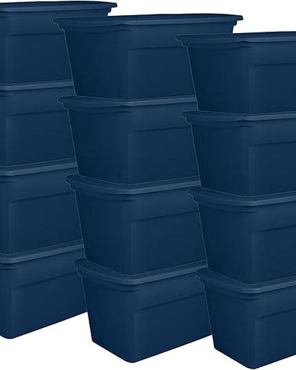 Sterilite 12-Pack Tote, Plastic Storage Bins with Snap Lids, 30 Gallon, Marine Blue - Stackable Home Organizers with In-Molded Handles for Bedroom, Garage, Basement and Attic