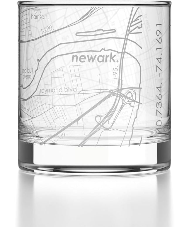Well Told Engraved Newark New Jersey Map Rocks Glass, Old Fashioned Glassware (11 oz, Clear) Etched Bourbon Tumbler, Gifts For Whiskey Lovers
