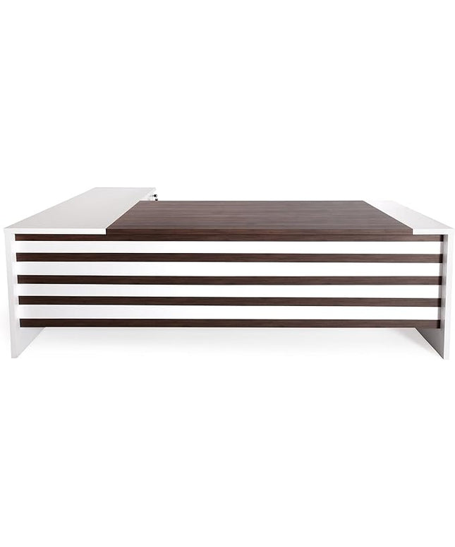 Leon 87" Wood Executive Large Desk for Home Office | Executive Right Side L Shaped Corner Desk & File Drawers w/Telescopic Rail | Modern Business Furniture | White & Brown