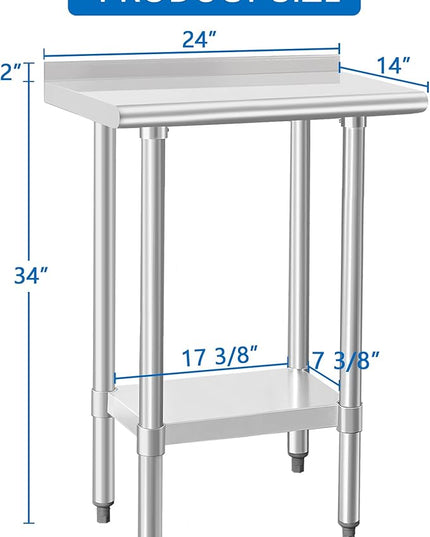 HARDURA Stainless Steel Commercial Work Table Prep Work Metal Table 14×24 Inches with Undershelf and 2" Backsplash Heavy Duty NSF 430 for Kitchen Food Prep
