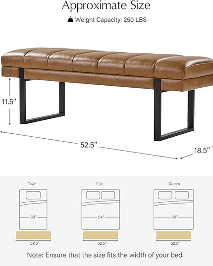HULALA HOME 53" Faux Leather Entryway Bench, Button Tufted End of Bed Bench Ottoman for Bedroom, Living Room with Metal Base,Camel