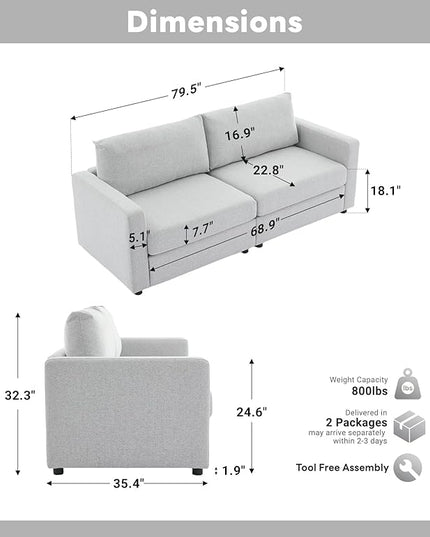 Tbfit Sectional Couch Loveseat, 79" Modern Comfy Sofa with Deep Seat, Removable Cover & Reversible Cushion, Light Gray