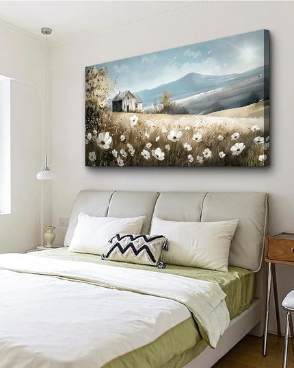 Wapluam Wall Art - Canvas Wall Decor For Living Room & Bedroom - Field Scenery Watercolour Painting - Stretched & Framed - Ready To Hang