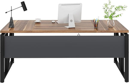 Tribesigns 63 inches Computer Desk with Bottom Storage Shelf Home Office Desk Writing Table for Workstation, Dark Walnut + Steel Leg, Cabinet not Included (Walnul, 63-inch-with Shelf)