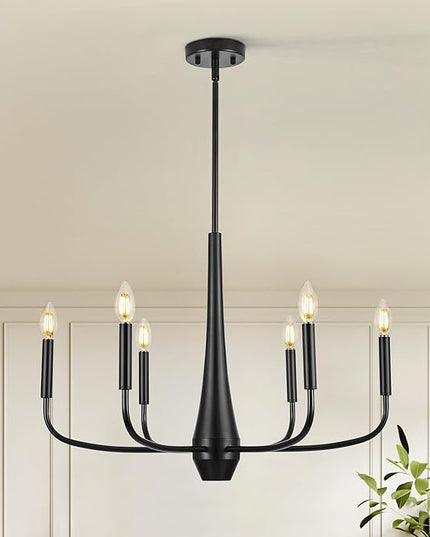 6-Light Black Industrial Chandelier, Modern Farmhouse Candle Light Fixture, Contemporary Hanging Light for Dining Room, Kitchen Island, Living Room, Bedroom, Foyer, Entryway
