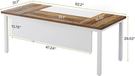Tribesigns 63 inches Executive Computer Desk, Large Home Office Desk Writing Table for Workstation, Cabinet not Included (Rustic&White, 63-inch)