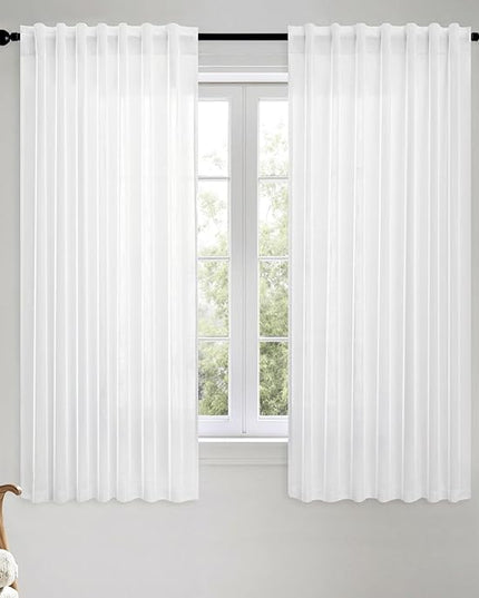 MIULEE White Linen Curtains Short 45 Inch Length 2 Panels for Kitchen Bedroom, Soft Thick Linen Textured Window Drapes Semi Sheer Light Filtering Back Tab Rod Pocket Burlap Look Decor