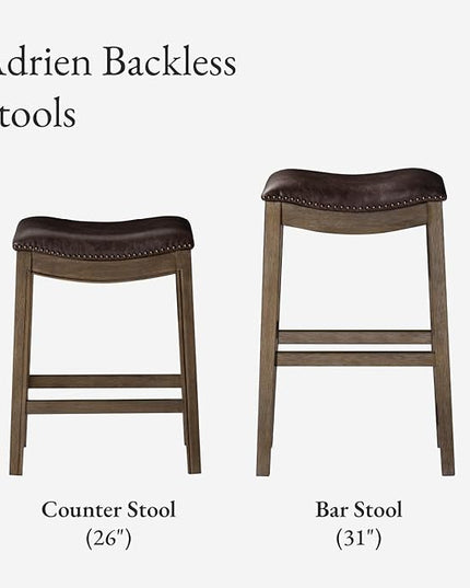Maven Lane Adrien Backless Bar Stool – Set of 2 – 31 Inch Saddle Seat with Footrest – Brown Solid Wood Frame & Beige Faux Leather Upholstery – Ideal for Bars, Pub Tables & Tall Kitchen Counters