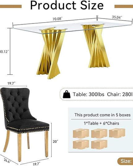 7 Piece Glass Dining Table Set,70" Dinner Room Glass Table Set for 6,Modern Kitchen Dinner Table Set with Stainless Steel Base and 6 Upholstered Velvet Dining Chairs for Living Dining Room