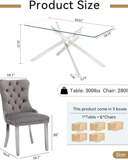 60" Glass Dining Table Set for 6, Modern Dining Room Table Set for 6, Silver X-Shape Pedestal Glass Table with 6pcs Gray Dining Chairs, 7 Piece Dining Set for Dining Living Room