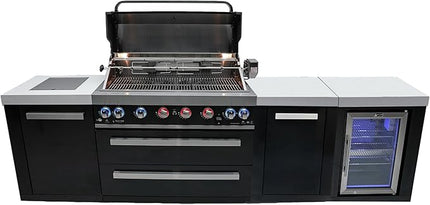 Mont Alpi MAi805-BSSFCXL 6-Burner 115000 BTU Black Stainless Steel Island Outdoor Kitchen BBQ Gas Grill + Fridge Cabinet + Granite Countertops + + Grill Cover + 25" Right Extra Storage Cabinet