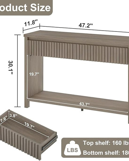 BON AUGURE Console Table with Storage, Entryway Table with Drawers, 47In Couch Tables Behind Sofa, Sofa Tables with Two-Tier Shelf for Living Room, Hallway, Front Door, Greige Oak