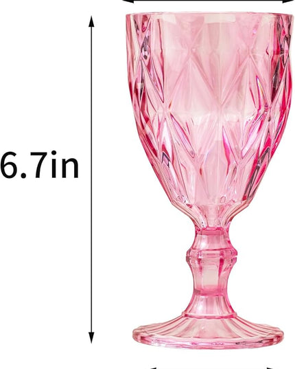 24 Pack Vintage Wine Glasses, Plastic Reusable 12 Ounce Colored Water Goblets, Unique Embossed Pattern Unbreakable Stemmed Wine Glasses High Clear Wedding Party Bar Drinking Cups Pink