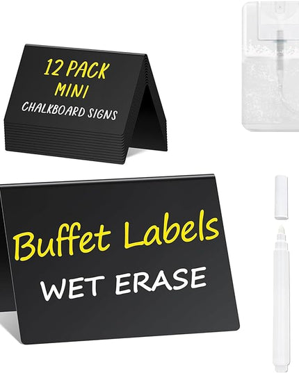 PigPotParty 4"x3" Mini Chalkboard Signs for Food, 12 Pcs Food Signs for Party Buffet, Small Chalk Board Food Labels, Table Place Cards, Wedding - Bakery - Birthday, Includes 2 Wet Erase Markers