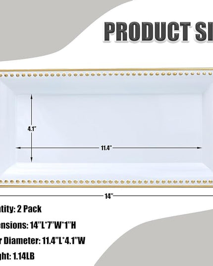 2 Pack White Bathroom Vanity Tray for Countertop with Beads, Small Plastic Toilet Tank Tray Versatile Storage Organization Tray for Makeup, Perfume, Desk, Kitchen, Candles, 14"x7"x1", 36W