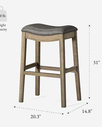 Maven Lane Adrien Backless Bar Stool – 31 Inch Saddle Seat with Footrest – Grey Solid Wood Frame & Grey Faux Leather Upholstery – Ideal for Bars, Pub Tables & Tall Kitchen Counters