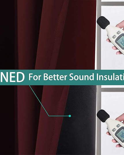 Yakamok 100% Blackout Curtains for Living Room, Noise Reducing Drapes,Thermal Insulated Blackout Curtains for Bedroom(62Wx96L, Burgundy Red, 2 Panels)