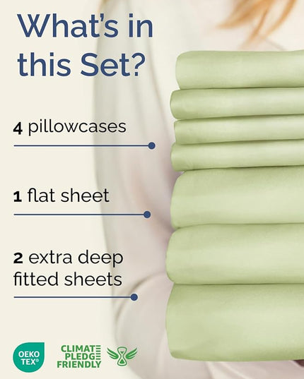 Extra Deep Split King Sheet Set - 7 Piece Breathable & Cooling Sheets - Hotel Luxury Bed Sheets Set - Easy Fit - Soft, Wrinkle Free & Comfy Sheets Set - Light Sage Sheet Set with Extra Deep Pockets
