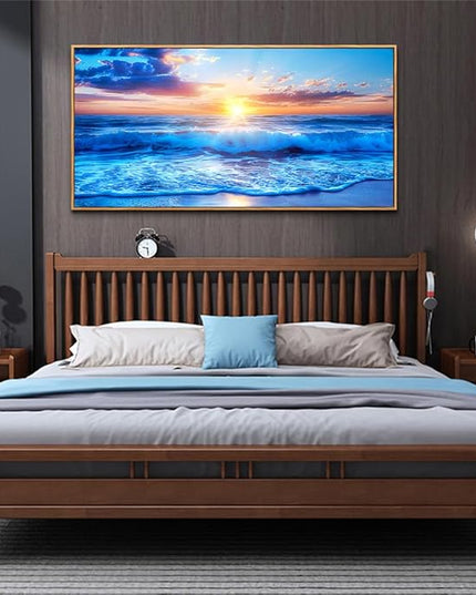 Wapluam Wood Framed Canvas Wall Painting - Large Wall Art For Living Room, Bedroom, Office Decor - Blue Sea Wave Pictures - Modern Beach Seascape Posters