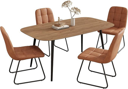55.1'' Dining Table Set for 4,Modern Wood Dining Table,Leather Dining Chairs 4,Table and Chairs Set of 4,Ideal for Kitchen Dining Room (Walnut Color Table + 4 U-Shaped Brown Chairs, 55.1")
