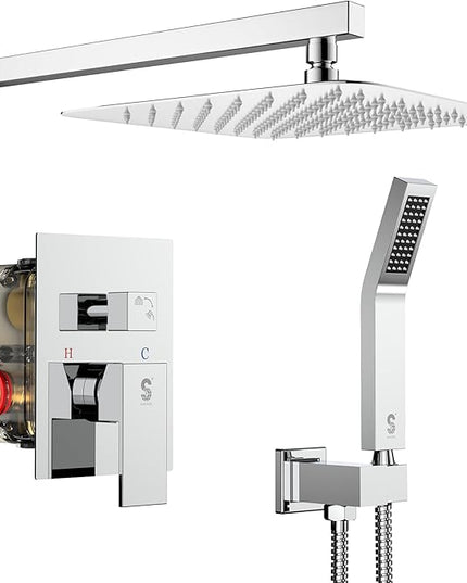 SR SUN RISE SRSH-D1203 12 Inches Bathroom Luxury Rain Mixer Shower Combo Set Wall Mounted Rainfall Shower Head System Polished Chrome Shower Faucet Rough-in Valve Body and Trim Included