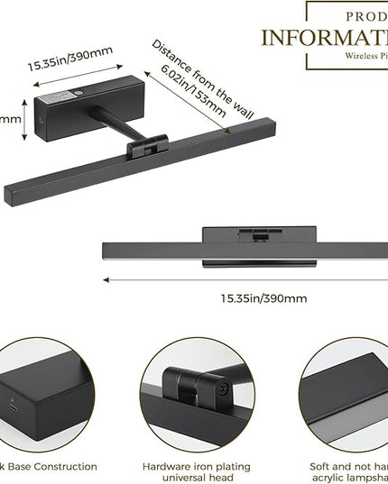 Joosenhouse Battery Operated Picture Light, Rechargeable Wireless Gallery Light with Remote Control, Dimmable & Timer Function, 15.35" Black Wall Lights for Artwork