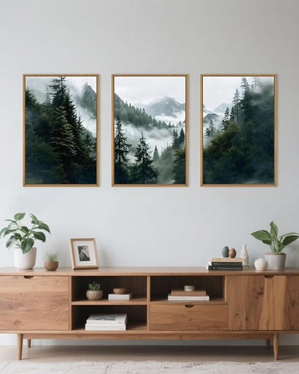 HOURIA Boho Forest Mountain Framed Canvas Wall Art Set,Nature Foggy Woodland Ridge Wall Decor,Misty Pine Tree Artwork,Sage Green Botanical Art Prints for Living Room, Bedroom, Farmhouse-24 x36 x3