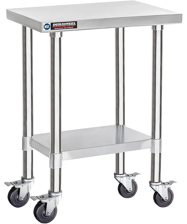 DuraSteel 24x18 NSF Stainless Steel Cart Work Table - Heavy Duty Rolling Food Prep Table - Metal Utility Cart on Wheels Caster, Grill Stand Microwave Outdoor Kitchen Tables Countertop Island Large Top