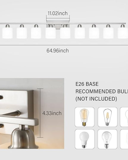 Brushed Nickel Bathroom Vanity Light for Giant Mirror, 10 Light Brushed Nickel Vanity Lights, 65 inch Wall Lamps for Bedroom for Mirrors with Milky White Frosted Glass Shades, E26