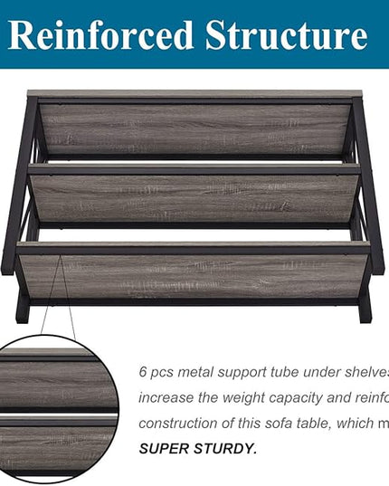 BON AUGURE Rustic Sofa Table Behind Couch, Industrial Console Tables for Entryway, 3 Tier Wood Shelves Entry Table with Storage for Foyer, Hallway, Front Door (47 Inch, Dark Grey Oak)