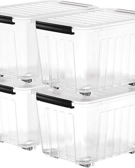 Nazhura 72 Quart Plastic Storage Bin, Stackable and Nestable Storage Boxes with Clear Lids and Secure Latching Buckles, Large Storage Container (Clear, 72Quart-4Pack)