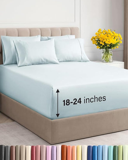Extra Deep Cal King Sheet Set - 6 Piece Breathable and Cooling Sheets - Hotel Luxury Bed Sheets Set - Easy Fit - Soft, Wrinkle Free and Comfy Sheets Set - Ice Blue Sheet Set with Extra Deep Pockets