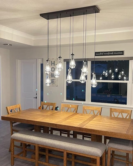 Raindrop 9-Light Chandelier for Dining Room, Black Rectangular Teardrop Pendant Lights with Hand-Blown Glass, Adjustable 138" Ropes, Light Fixture Over Table, Kitchen Island, Entryway, Foyer