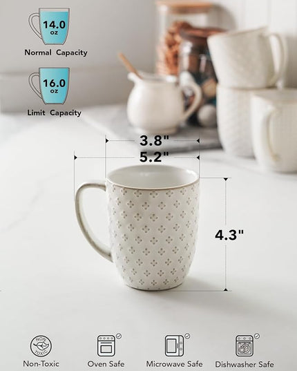 LE TAUCI Coffee Mugs 16 oz,Ceramic Mug Set, Embossment Cups for Latte, Hot Tea, Cappuccino, Mocha, Cocoa, Dishwasher Safe, Suit For Housewarming Wedding- 3.8 inch, Set of 4, Arctic White